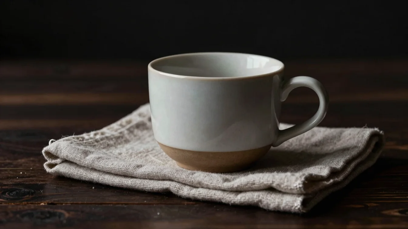 Macro photography of a minimalist ceramic coffee cup next to a te
