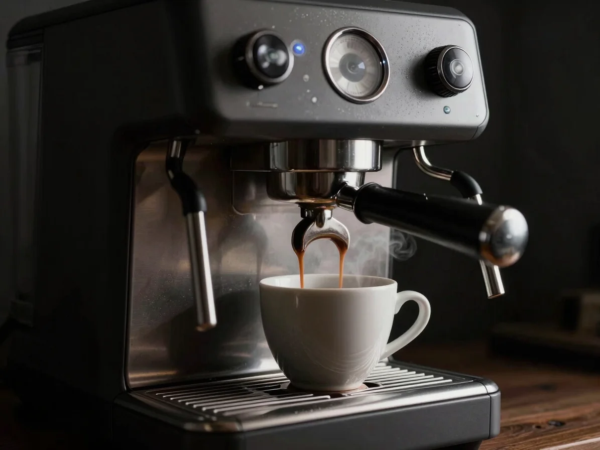 Close-up of a sleek, modern espresso machine brewing coffee into