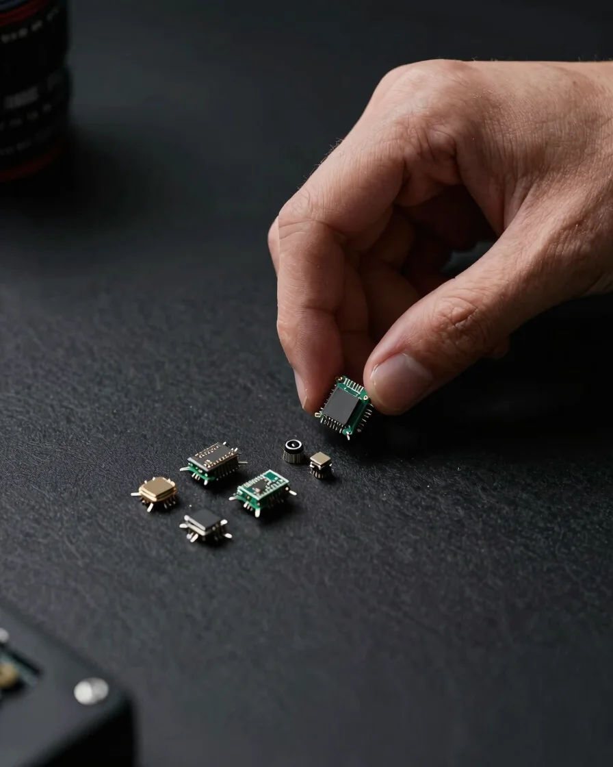 Close-up of a hand meticulously arranging small, high-quality electronic components on a dark, textured surface, dramati
