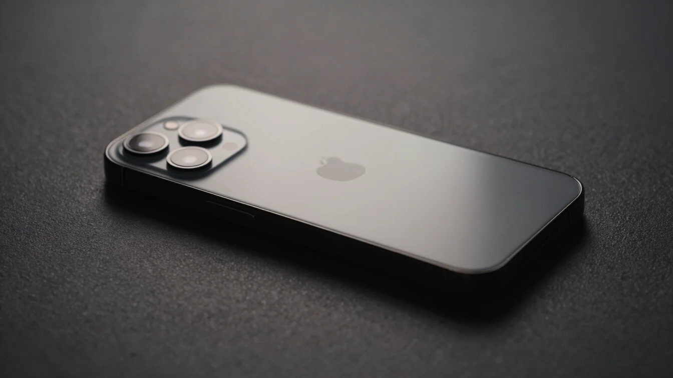 Macro photography of a high-end smartphone on a dark textured sur